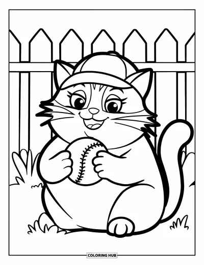 Coloriage de softball pour enfants : Un chat souriant en casquette tient une balle avec une clôture derrière le terrain