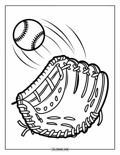 Coloriage de softball pour enfants : Un gant souriant attend avec impatience qu'une balle vole dans sa direction