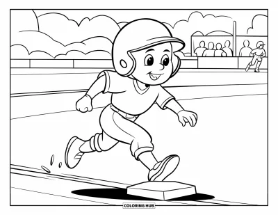 Coloriage de softball pour enfants : Un enfant souriant court vers le premier but à travers un terrain animé