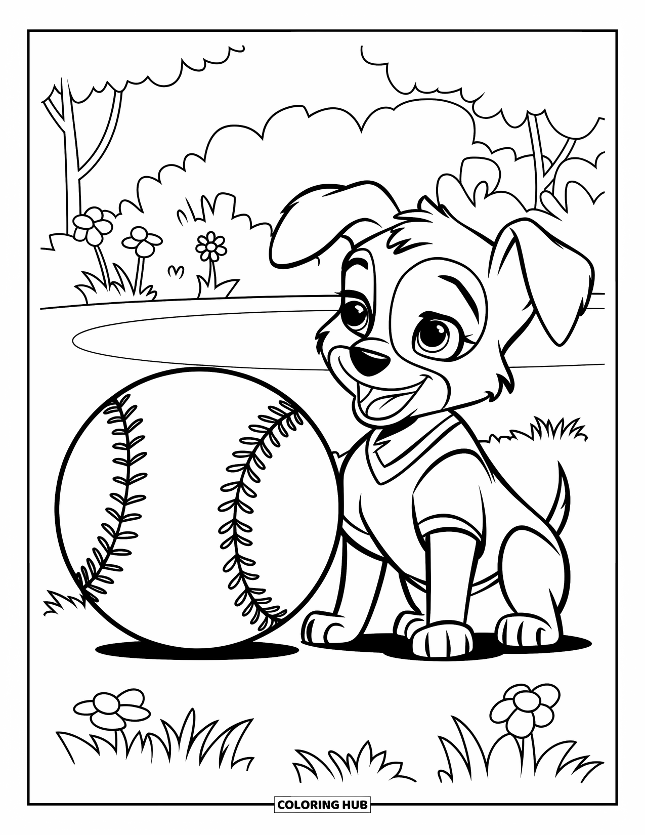 Softball Coloring Page for Kids: A smiling puppy sits near a softball with flowers and trees behind