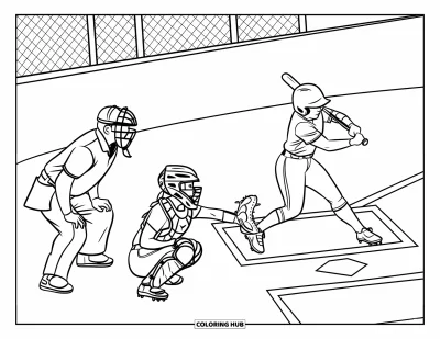 Coloriage de softball pour enfants : Un moment de softball au marbre avec une batteuse en action, une receveuse accroupie et un arbitre concentré