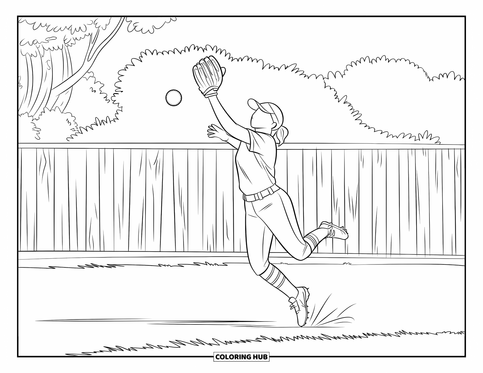 Softball Coloring Page for Kids: A softball player leaps near the fence to make an outfield catch mid-air