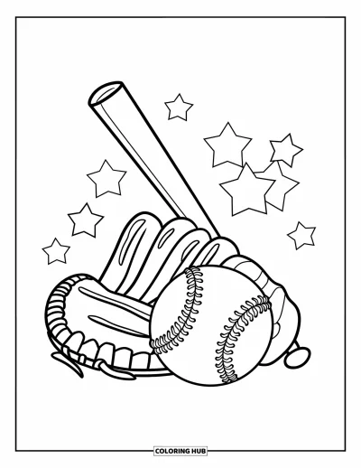 Coloriage de softball pour enfants : Une balle de softball repose à côté d'un gant et d'une batte avec des étoiles brillant tout autour