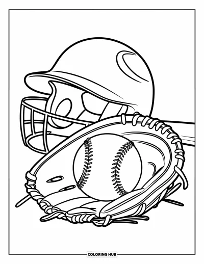 Coloriage de softball pour enfants : Une balle de softball repose dans un gant avec une batte et un casque placés à proximité