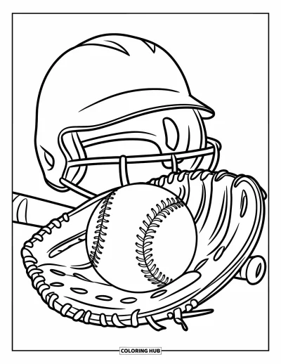 Coloriage de softball pour enfants : Une balle de softball nichée dans un gant avec l'équipement à proximité, prête pour l'action