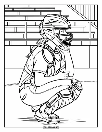 Coloriage de softball pour enfants : Une receveuse seule ajuste son casque, concentrée et prête derrière le marbre