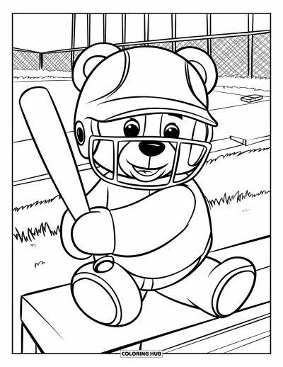 Coloriage de softball pour enfants : Un ours en peluche avec une batte est assis sur un banc à côté du terrain de softball