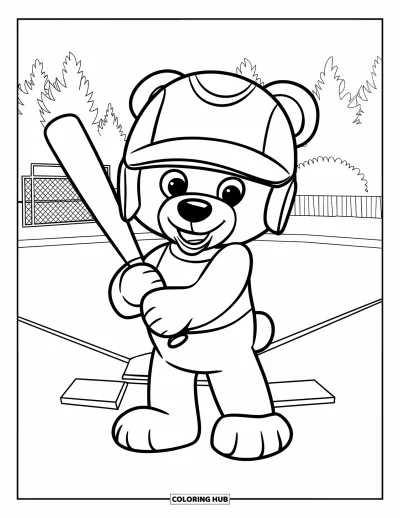 Coloriage de softball pour enfants : Un ours en peluche avec une batte se tient sur le terrain près des bases et des arbres