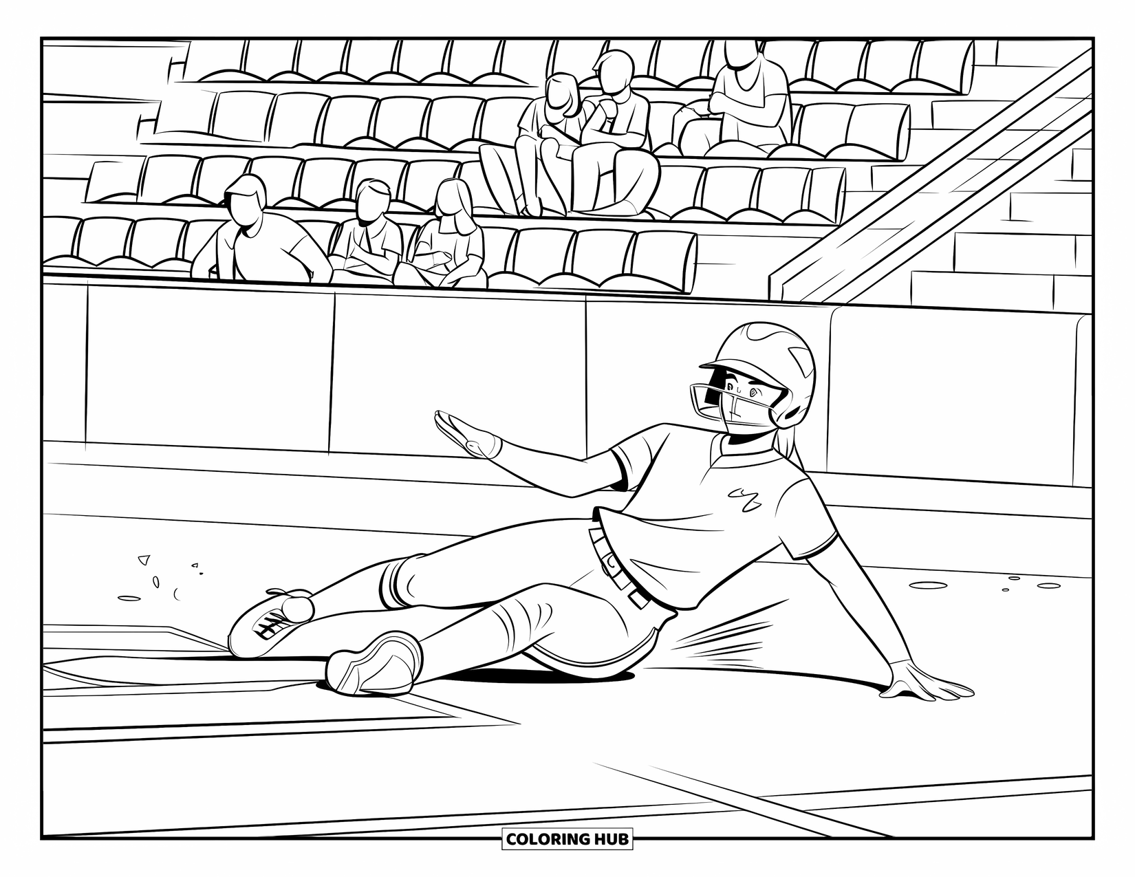 Softball Coloring Page for Kids: A teen player slides into home as the crowd cheers from packed stadium seats