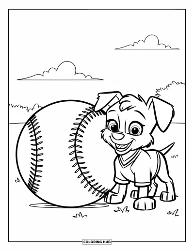 Coloriage de softball pour enfants : Un chiot aux grands yeux se tient près d'une balle de softball avec des arbres et des nuages au loin