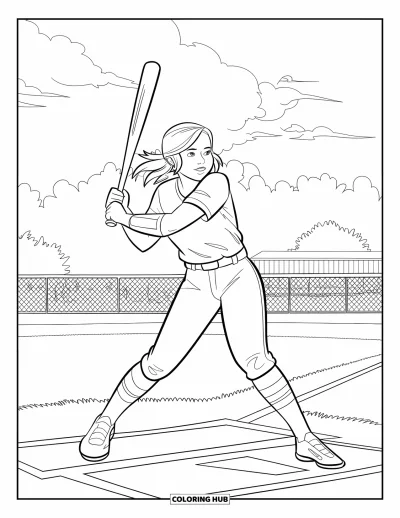 Coloriage de softball pour enfants : Une jeune batteuse frappe fort avec les cheveux au vent et des arbres derrière le terrain