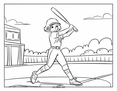Coloriage de softball pour enfants : Une jeune joueuse frappe la balle tandis que des nuages dérivent au-dessus d'un terrain ensoleillé et ouvert