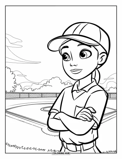 Coloriage de softball pour enfants : Les bras croisés, l'arbitre observe attentivement le début du jeu sur le terrain