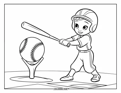Coloriage de softball pour enfants : La batte rencontre la balle sur le tee tandis qu'un enfant frappe avec assurance