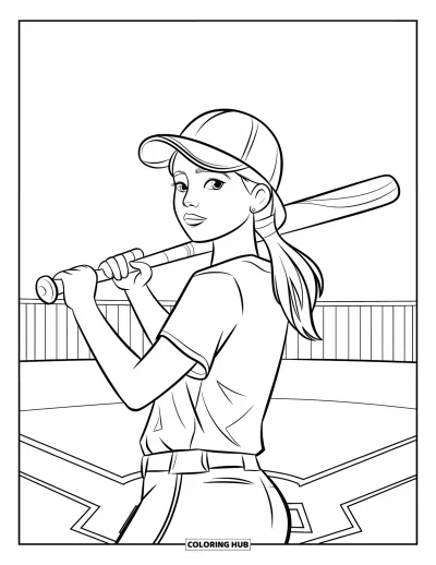Coloriage de softball pour enfants : La batte sur l'épaule, une adolescente se dirige vers le marbre avec une détermination tranquille
