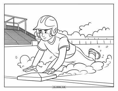 Coloriage de softball pour enfants : La poussière s'envole tandis qu'un enfant glisse en sécurité vers la base près des tribunes en liesse