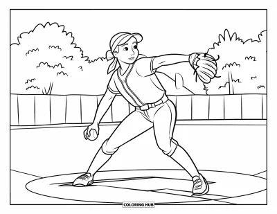 Coloriage de softball pour enfants : Les yeux fixés devant elle, la lanceuse se prépare entourée d'arbres et de lignes nettes sur le terrain
