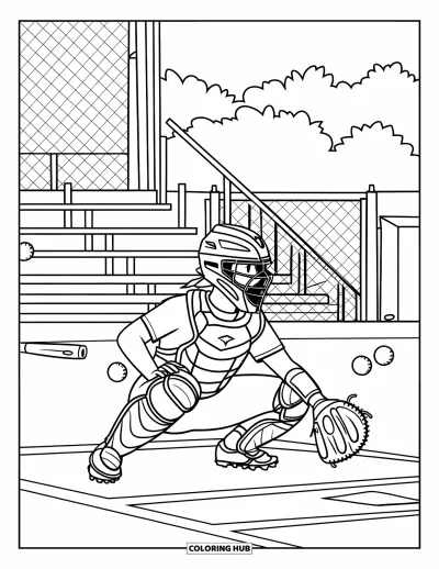 Coloriage de softball pour enfants : Entièrement équipée, la receveuse attend derrière le marbre tandis que battes et balles reposent à côté