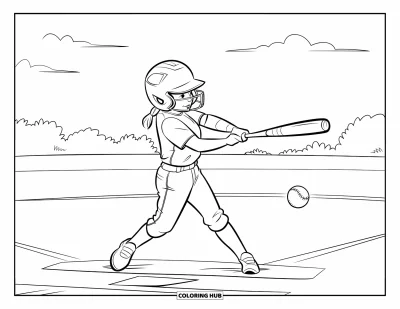 Coloriage de softball pour enfants : En plein swing sous un ciel dégagé, une jeune joueuse envoie la balle voler à travers le terrain