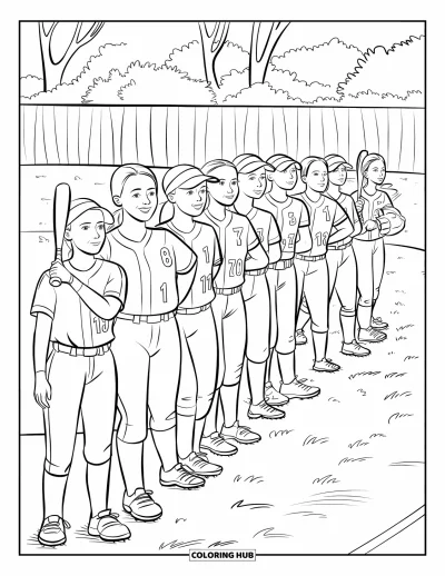 Coloriage de softball pour enfants : Des joueuses en maillots rayés s'alignent près du terrain, prêtes à frapper