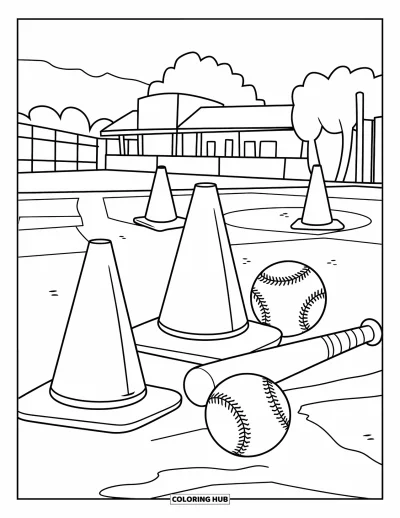 Coloriage de softball pour enfants : L'équipement d'entraînement couvre le terrain avec des cônes, des battes et des balles dispersés sous les arbres