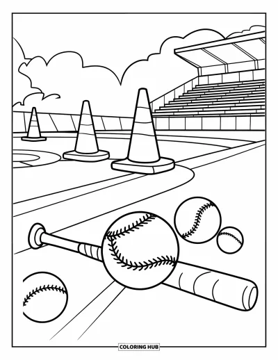 Coloriage de softball pour enfants : L'entraînement est en cours avec l'équipement dispersé et un stade visible au loin