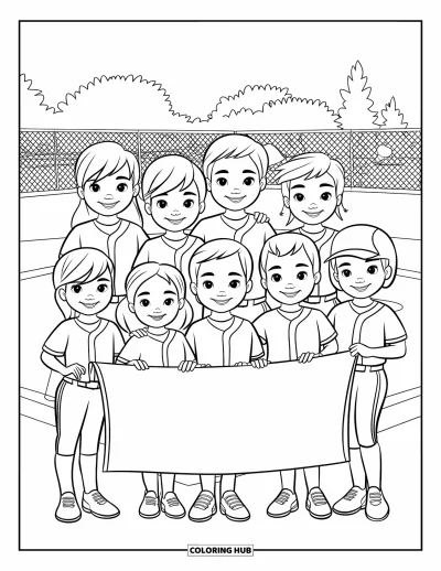 Coloriage de softball pour enfants : Des enfants souriants posent fièrement avec la bannière de leur équipe sur le terrain