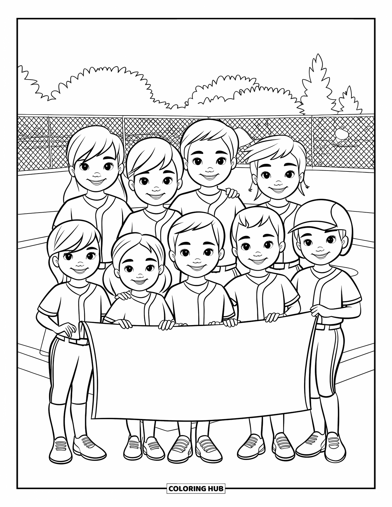 Softball Coloring Page for Kids: Smiling kids pose proudly with their team banner on the field