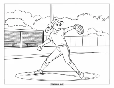 Coloriage de softball pour enfants : La lanceuse se prépare à lancer sur un terrain herbeux avec des bancs et des arbres au fond