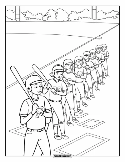 Coloriage de softball pour enfants : L'équipe se tient alignée avec les battes prêtes et des arbres en arrière-plan