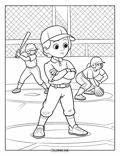 Coloriage de softball pour enfants : L'arbitre se tient derrière le marbre tandis qu'une batteuse et une joueuse de champ se préparent au loin