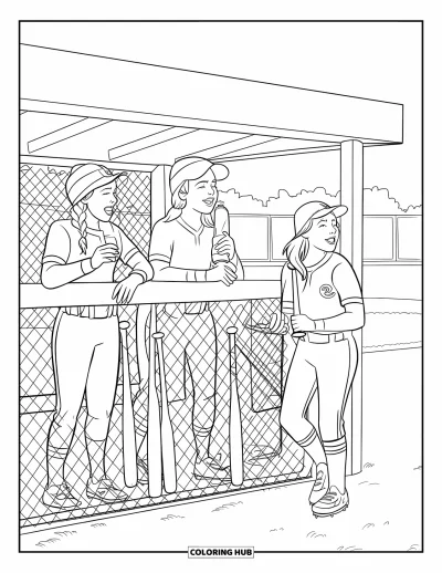 Coloriage de softball pour enfants : Trois adolescentes se détendent dans l'abri, riant et buvant de l'eau entre les jeux