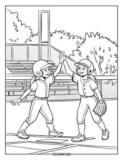 Coloriage de softball pour enfants : Deux enfants se font un tope-là avec enthousiasme après un coup de circuit près du marbre