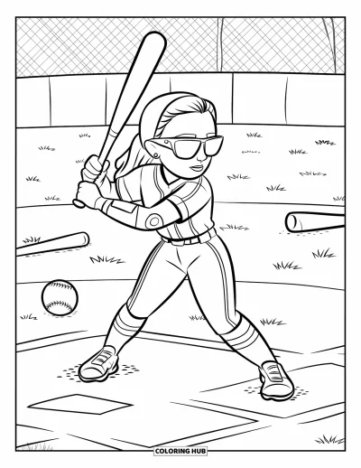 Coloriage de softball pour enfants : S'échauffant avec style, une joueuse fait tournoyer la batte près de balles et de battes sur l'herbe