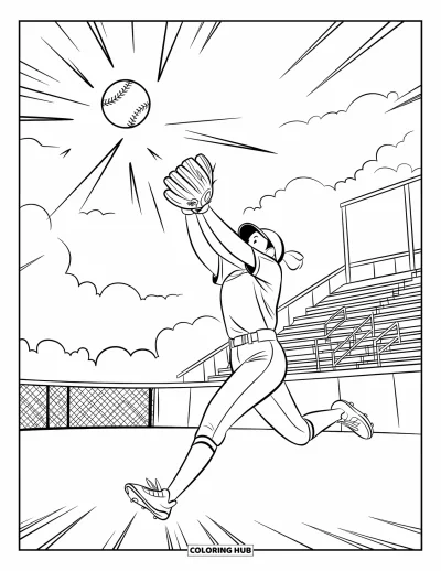 Coloriage de softball pour enfants : Avec des lignes d'énergie brillantes, une joueuse s'élance pour un spectaculaire catch en plein vol