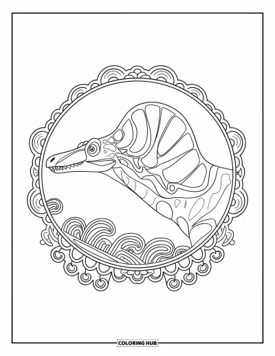 Coloriage de Spinosaurus pour adultes : Un Spinosaurus de profil cerclé d'un filigrane ornemental sur une page immaculée