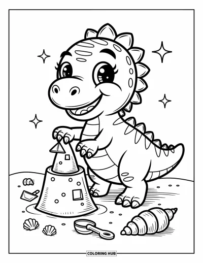 Coloriage de Spinosaurus pour adultes : Un Spinosaurus construisant un château de sable fantaisiste avec des coquillages, des jouets et un grand sourire