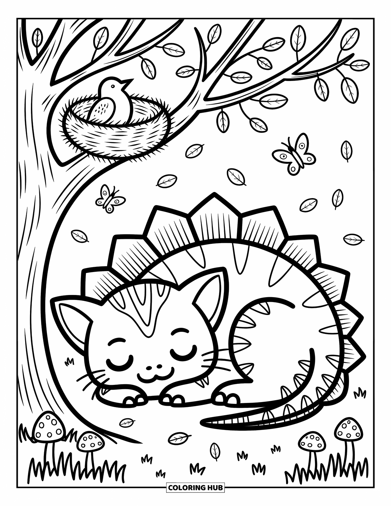 Spinosaurus Coloring Page for Adults: Spinosaurus curls up like a kitten with butterflies, leaves, and a quiet bird's nest