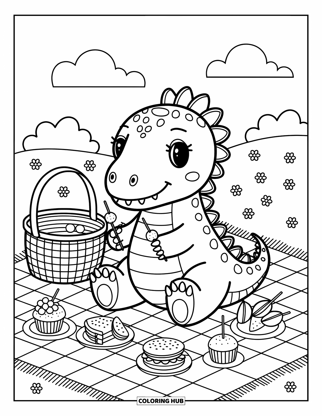 Spinosaurus Coloring Page for Adults: Spinosaurus enjoys fruit and sandwiches on a picnic blanket in a calm meadow