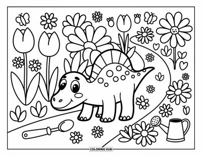 Coloriage de Spinosaurus pour adultes : Un Spinosaurus explore un sentier fleuri avec des insectes, un arrosoir et un sourire curieux
