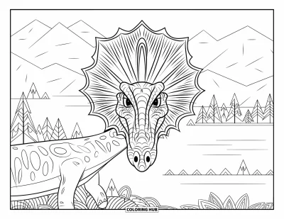 Coloriage de Spinosaurus pour adultes : Le visage et la voile d'un Spinosaurus encadrés de feuilles avec vue sur un lac et une montagne