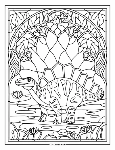 Coloriage de Spinosaurus pour adultes : Un Spinosaurus encadré de feuilles et de fleurs en vitrail avec des nénuphars