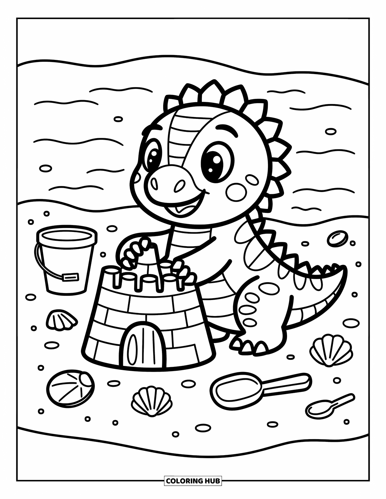 Spinosaurus Coloring Page for Adults: Spinosaurus grins while building a sandcastle with a bucket, shovel, and seashells