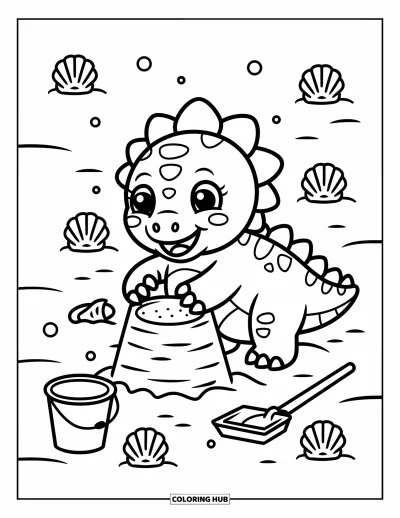 Coloriage de Spinosaurus pour adultes : Un Spinosaurus joyeux construisant un château de sable avec des jouets et des coquillages sur la plage