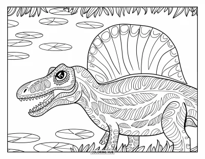 Coloriage de Spinosaurus pour adultes : La tête d'un Spinosaurus dans un motif de feuilles avec un paysage lacustre paisible en arrière-plan