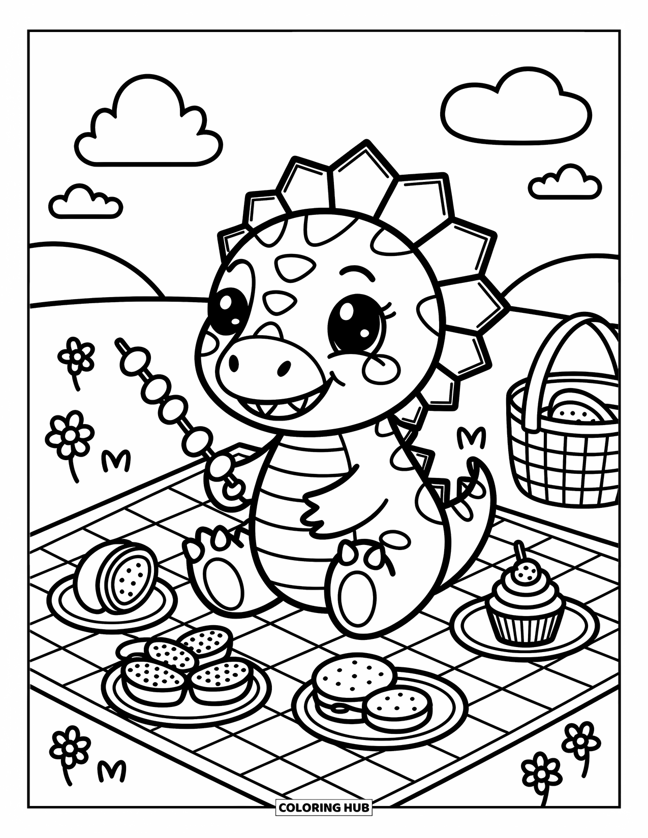 Spinosaurus Coloring Page for Adults: Spinosaurus holds a fruit skewer at a picnic with treats and a gentle breeze