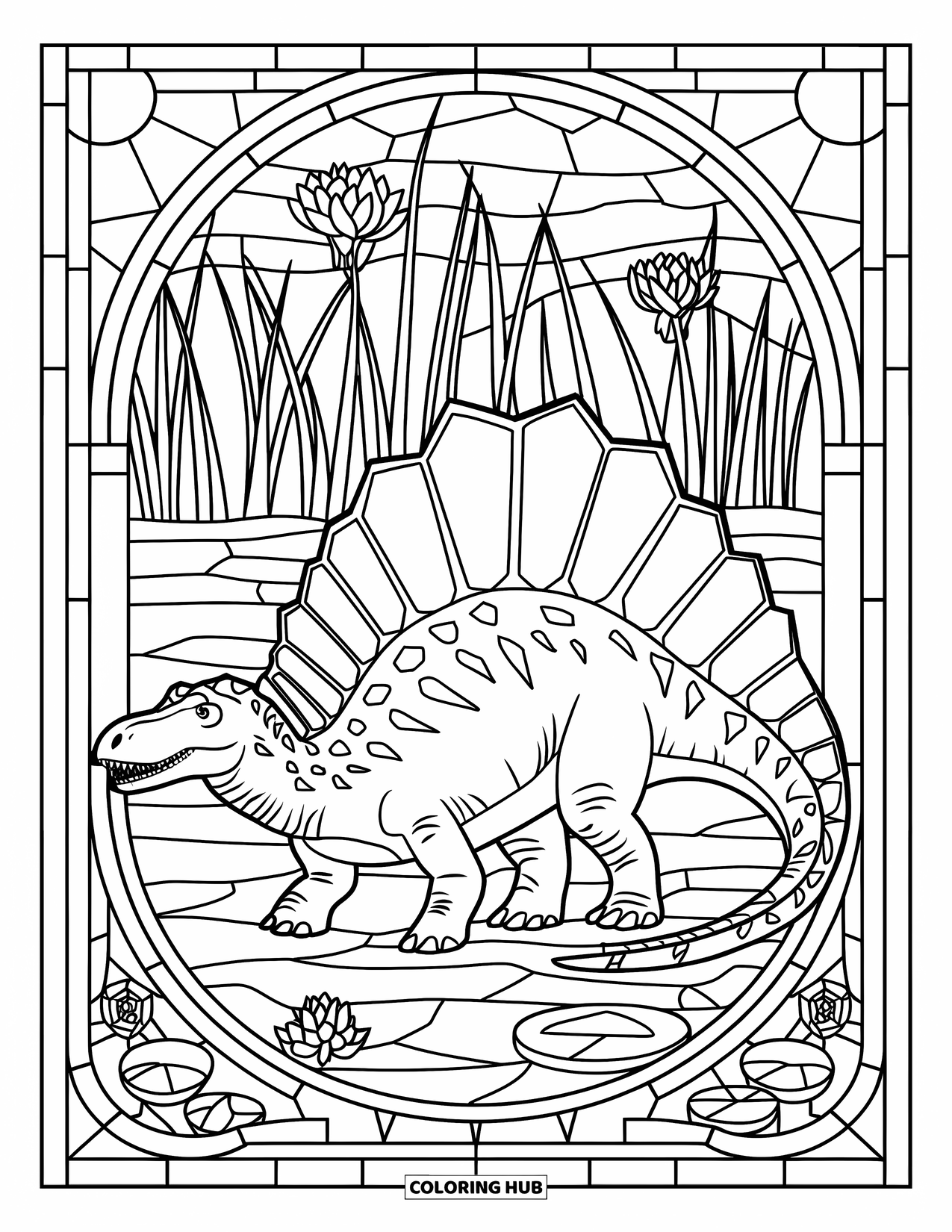 Spinosaurus Coloring Page for Adults: Spinosaurus in a stained-glass frame with marsh plants and waterlilies