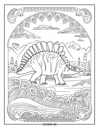 Coloriage de Spinosaurus pour adultes : Un Spinosaurus de profil entouré de motifs en filigrane et de vagues décoratives