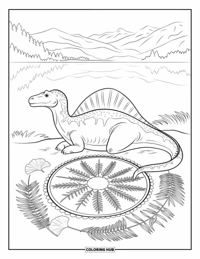 Coloriage de Spinosaurus pour adultes : Un Spinosaurus près d'un mandala de feuilles préhistoriques au bord d'un lac de montagne serein