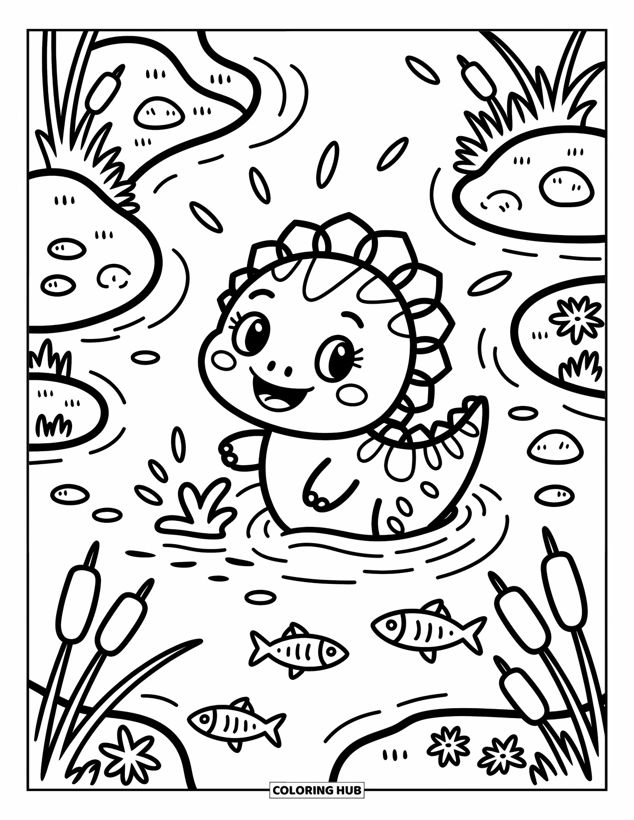 Spinosaurus Coloring Page for Adults: Spinosaurus plays joyfully in a shallow river, splashing water with one tiny claw